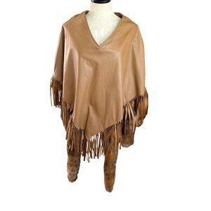 Vintage Womens One Size Tan Custom Made Leather Fringe Poncho with Fur Tails